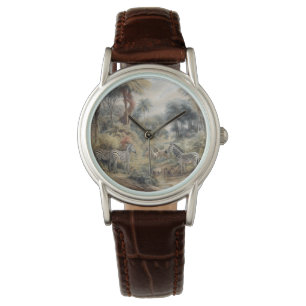 Botanische Szene von Zebras in einer Oase Armbanduhr