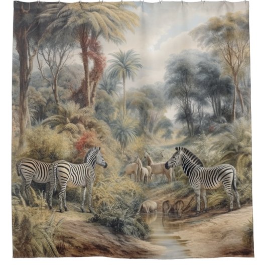 Botanische Szene von Zebras in einer Oase Duschvorhang (Vorderseite)