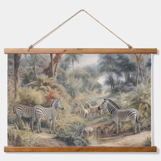 Botanische Szene von Zebras in einer Oase Wandteppich Mit Holzrahmen (Vorne)