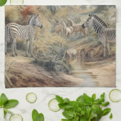 Botanische Szene von Zebras und Löwen in einer Oas Geschirrtuch (Gefaltet)