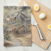 Botanische Szene von Zebras und Löwen in einer Oas Geschirrtuch (Viertel Falte)