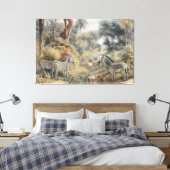 Botanische Szene von Zebras und Löwen in einer Oas Leinwanddruck (Insitu (Schlafzimmer))