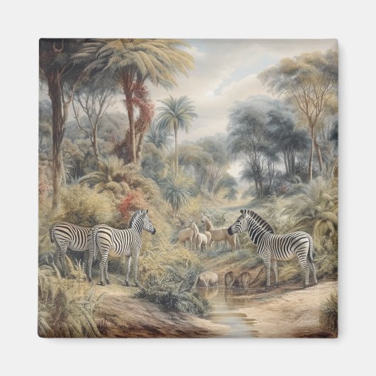 Botanische Szene von Zebras und Löwen in einer Oas Magnet (Vorne)