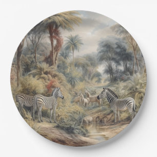 Botanische Szene von Zebras und Löwen in einer Oas Pappteller