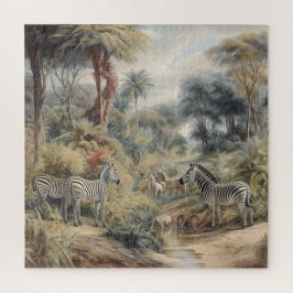 Botanische Szene von Zebras und Löwen in einer Oas Puzzle