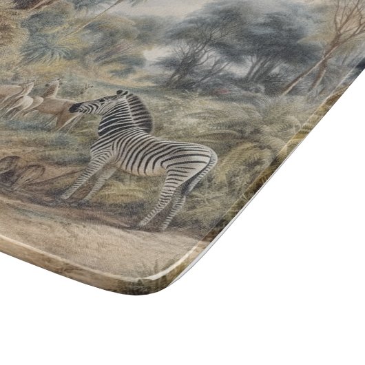 Botanische Szene von Zebras und Löwen in einer Oas Schneidebrett (Ecke)