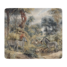 Botanische Szene von Zebras und Löwen in einer Oas Schneidebrett