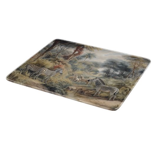 Botanische Szene von Zebras und Löwen in einer Oas Schneidebrett (Ecke)