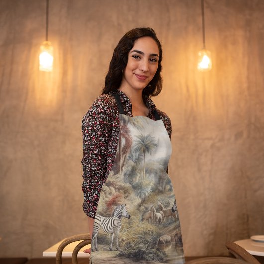 Botanische Szene von Zebras und Löwen in einer Oas Schürze