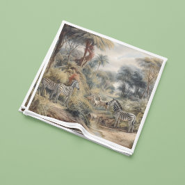 Botanische Szene von Zebras und Löwen in einer Oas Serviette