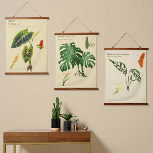 Botanische Tapisserien - Monstera Set Wandteppich Mit Holzrahmen (Asymmetrisch)