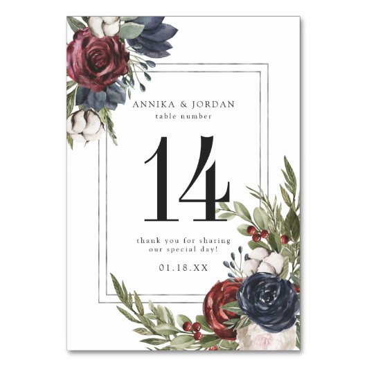 Botanische Tischnummer-Karte Winter Floral Boho Tischnummer (Vorderseite)