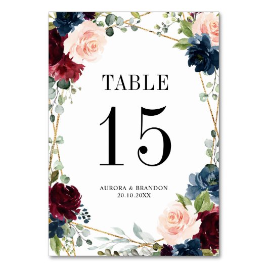 Botanische Tischnummer Navy Blue Blush Pink Rose (Vorderseite)