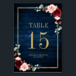 Botanische Tischnummer Navy Blue Blush Pink Rose<br><div class="desc">Elegante und moderne romantische geometrische Aquarell Blumen Hochzeitskarte mit einer schönen Bordeaux / Marsala , rot rosa, pfirsichfarben , marineblau Aquarell Rose mit passendem Blattwerk auf marineblau rustikalem Holzhintergrund und Goldrahmen. Ideal für einen Herbst / Hochzeitsmitte. Weitere passende Designs und Variationen finden Sie in meinem "Blitzweddingpaperie" Shop. Und zögern Sie...</div>