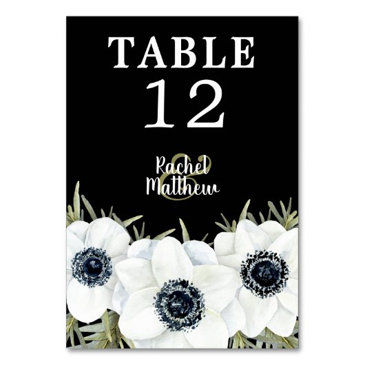 Botanische Tischnummern aus Schwarz-Weiß-Anemonen (Rückseite)