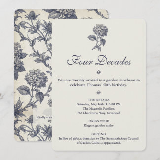 Botanische Toile Hortensie Stranddistel 40. Geburt Einladung