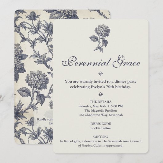 Botanische Toile Hydrangea Stranddistel 70. Geburt Einladung (Vorne/Hinten)