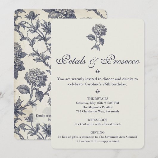 Botanische Toile Hydrangea & Stranddistel Geburtst Einladung (Vorne/Hinten)