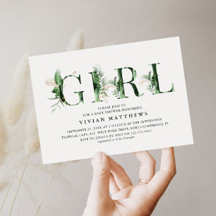 Botanische Tropical Green & Gold GIRL Kinderdusche Einladung