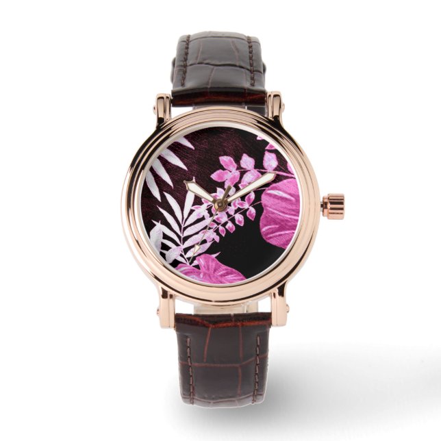 Botanische tropische Blätter Palmfronten rosa Armbanduhr (Vorderseite)