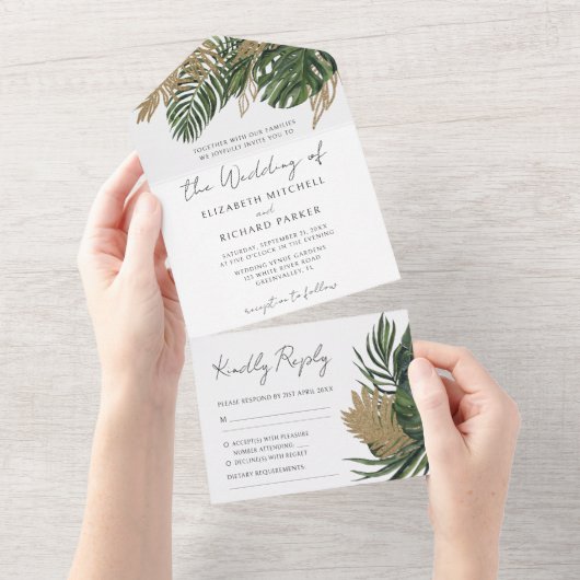 Botanische tropische Vegetation auf einer Hochzeit All In One Einladung (Abreißen)