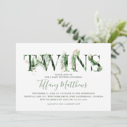 Botanische tropische Vegetation Twins Kinderdusche Einladung (Stehend Vorderseite)