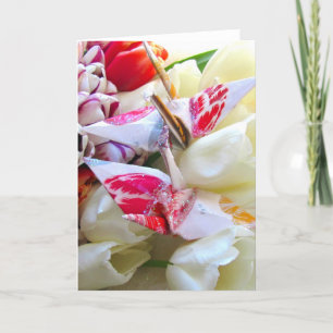 Botanische Tulpen mit Origami Friedenskränen Karte