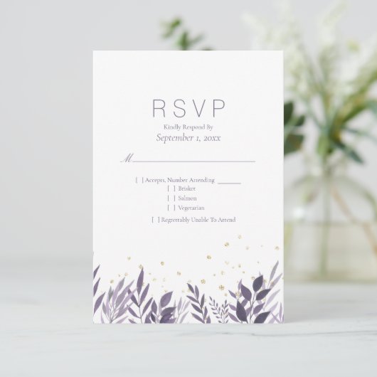 Botanische UAWG Wedding mit lila Gold Glitzer RSVP Karte (Stehend Vorderseite)