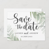 Botanische und Skriptgrüne Save the Date Postkarte (Vorne/Hinten)