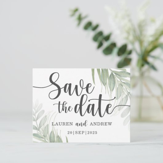 Botanische und Skriptgrüne Save the Date Postkarte (Stehend Vorderseite)