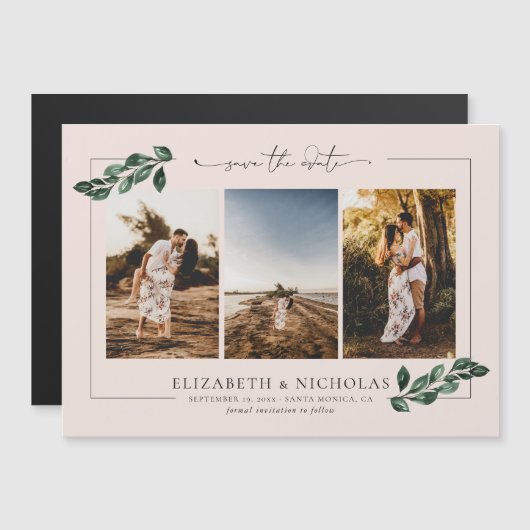 Botanische Vegetation | 3 Foto Hochzeit Datum spei Magneteinladung (Vorne/Hinten)