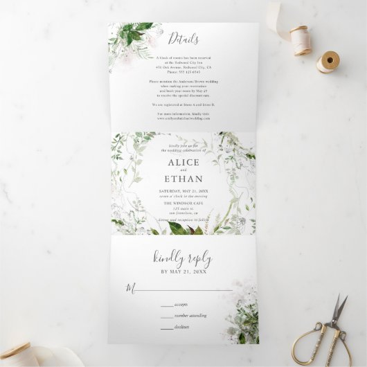 Botanische Vegetation Elegant Wedding Tri-Fold Inv Dreifach Gefaltete Einladung (Innenseite)