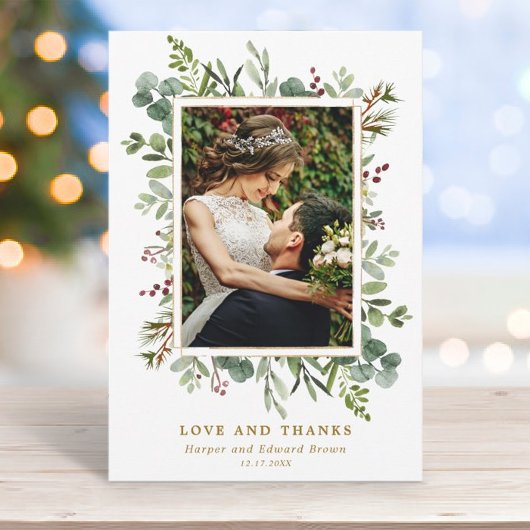 Botanische Vegetation Gold Winter Wedding Foto Dankeskarte