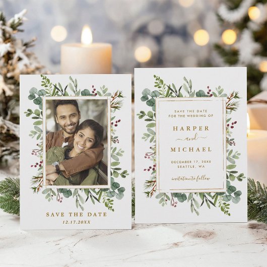 Botanische Vegetation Gold Winter Wedding Foto Save The Date