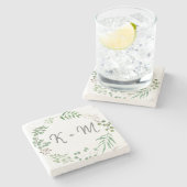 Botanische Vegetation | Leaf | Hochzeitsmonogramm Steinuntersetzer (Seitenansicht)