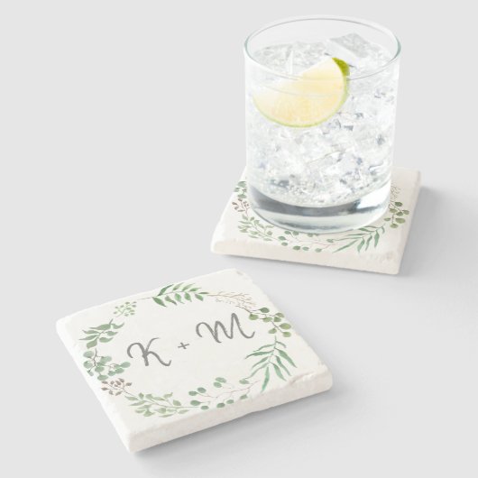 Botanische Vegetation | Leaf | Hochzeitsmonogramm Steinuntersetzer (Seitenansicht)