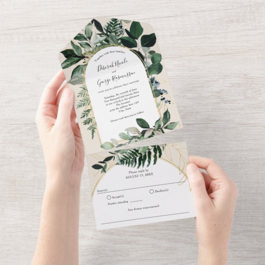 Botanische Vegetation Modern Boho Arch Beige Elfen All In One Einladung (Abreißen)
