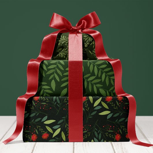 Botanische Vegetation Rot und Grün Weihnachten Geschenkpapier Set