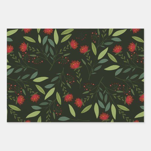 Botanische Vegetation Rot und Grün Weihnachten Geschenkpapier Set (Vorderseite)