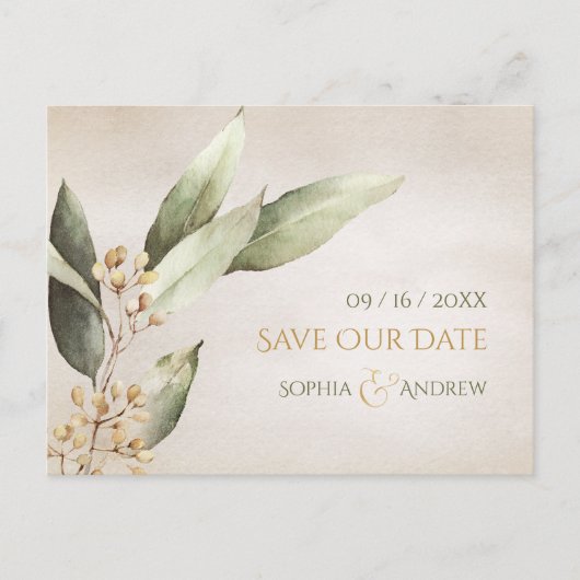 Botanische Vegetation Vintag rustikal Save the Dat Ankündigungspostkarte (Vorderseite)