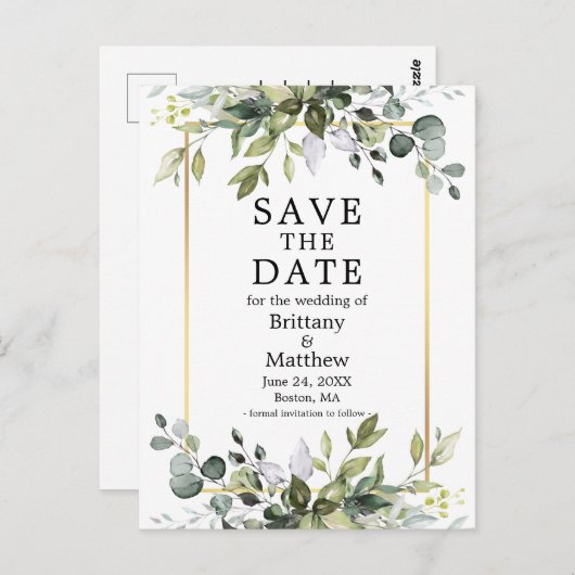 Botanische Vegetation Wasserfarbe Save the Date Postkarte (Vorne/Hinten)
