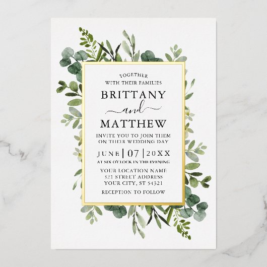 Botanische Vegetation Wasserfarbe Smaragdgrün Gold Folieneinladung (Vorderseite)