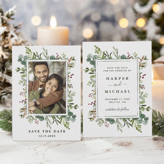 Botanische Vegetation Winter Wedding Foto Green Save The Date