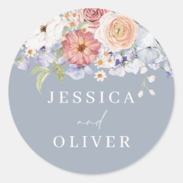 Botanische Verlobung Floral Dusty Blue Wedding Runder Aufkleber