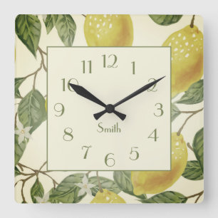 Botanische Vintage-Gelbe Zitronen Familienname Quadratische Wanduhr