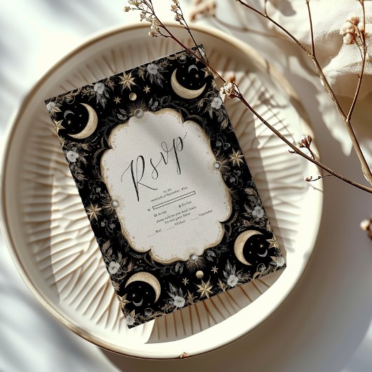 Botanische Vintage Mondsterne Hochzeit RSVP Karte