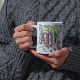 Botanische Vintage Monogramm-Blume Rosa und Grün Zweifarbige Tasse