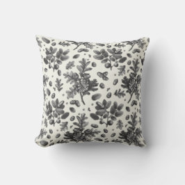 Botanische Vintage Schwarz-weiße Eichenfrüchte Blä Kissen