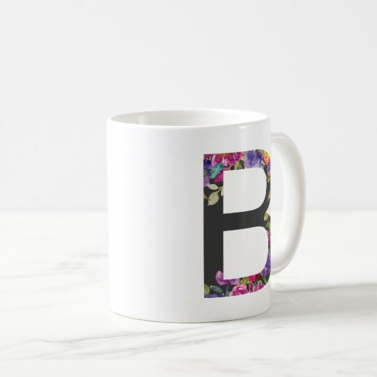 Botanische violette Blüten Letter B Monogramm Kaffeetasse (VorderseiteRechts)