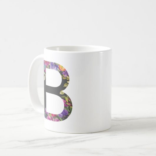 Botanische violette Blüten Letter B Monogramm Kaffeetasse (Vorderseite Links)